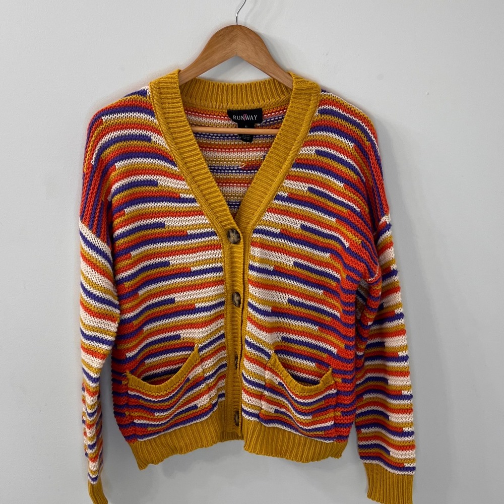 Runway 7 Women's Multi Color Striped Knit Cardigan Mustard Yellow Size Small